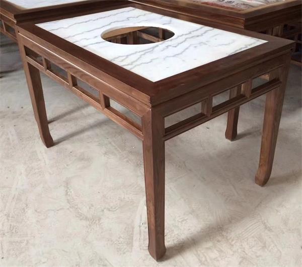 仿古中式实木边框镶嵌大理石台面火锅桌