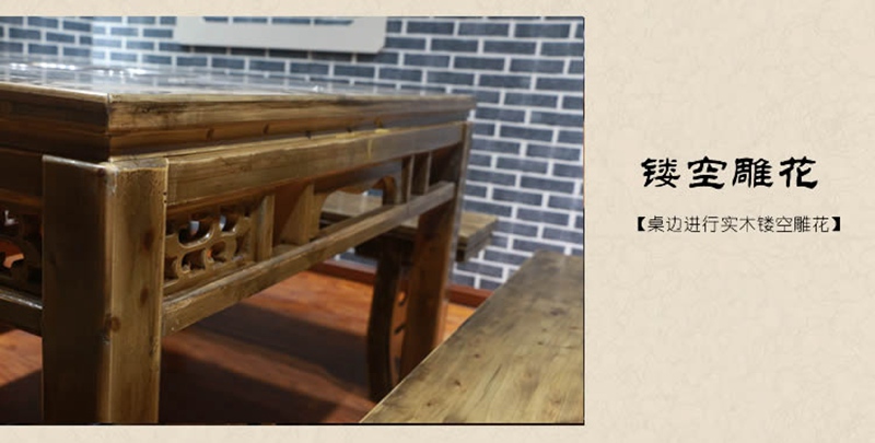 仿古茶青色做旧实木大理石火锅桌